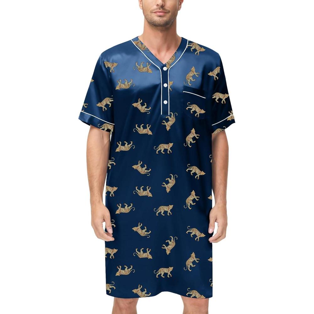 imageSWOMOG Mens Silk Satin Nightshirt Short Sleeve Loose Henley Sleep Shirt Comfy Nightgown Big amp Tall Men SleepwearNavy Leopard