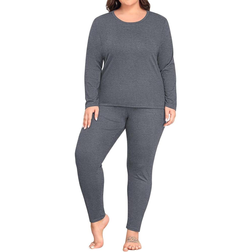 imageSWOMOG Plus Size Thermal Underwear Sets for Women Long Johns Base Layer Set 2 Pcs Underwear Top amp Bottom Pajama SetDark Gray
