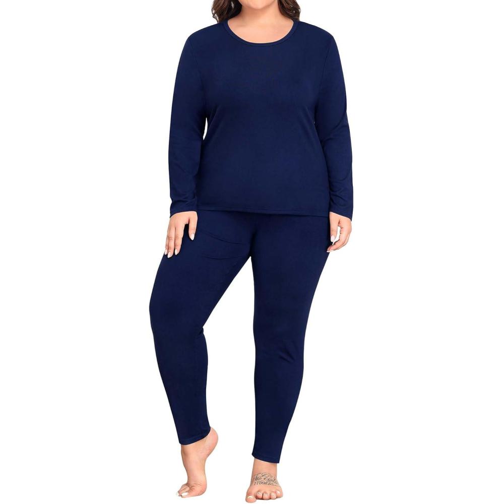 imageSWOMOG Plus Size Thermal Underwear Sets for Women Long Johns Base Layer Set 2 Pcs Underwear Top amp Bottom Pajama SetNavy Blue