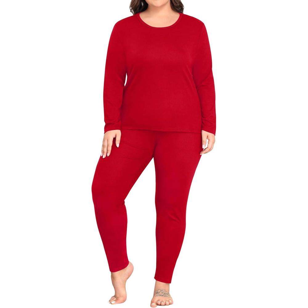 imageSWOMOG Plus Size Thermal Underwear Sets for Women Long Johns Base Layer Set 2 Pcs Underwear Top amp Bottom Pajama SetRed