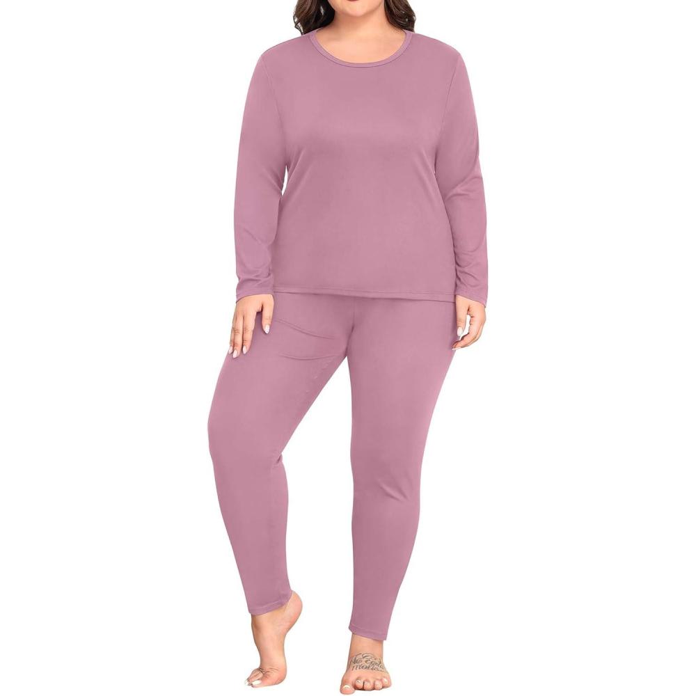 imageSWOMOG Plus Size Thermal Underwear Sets for Women Long Johns Base Layer Set 2 Pcs Underwear Top amp Bottom Pajama SetTar