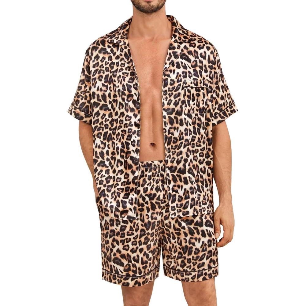 imageSWOMOG Satin Silk Pajamas Sets for Men short sleeve 2 Piece Button Down Sleepwear mens loungewear sets with pocketsLeopard Print