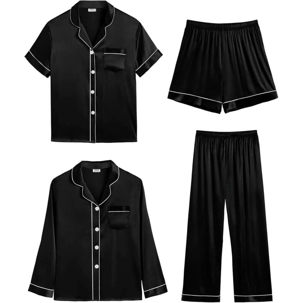 imageSWOMOG Women 4Pcs Silk Pajamas Set Button Down Sleepwear Loungewear Pj Sets for Ladies NightwearZ Double Piping Black