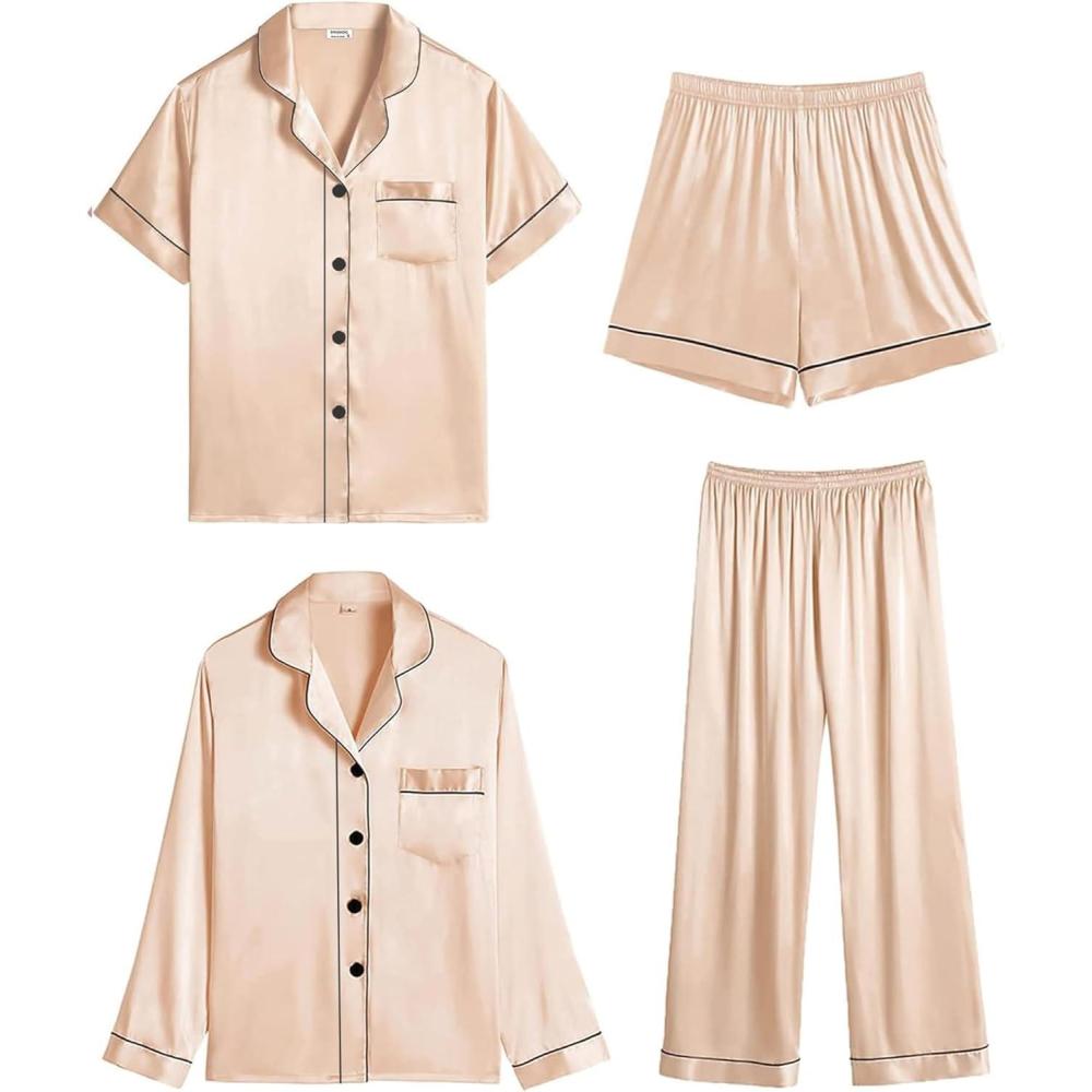 imageSWOMOG Women 4Pcs Silk Pajamas Set Button Down Sleepwear Loungewear Pj Sets for Ladies NightwearZ Double Piping  Champagne