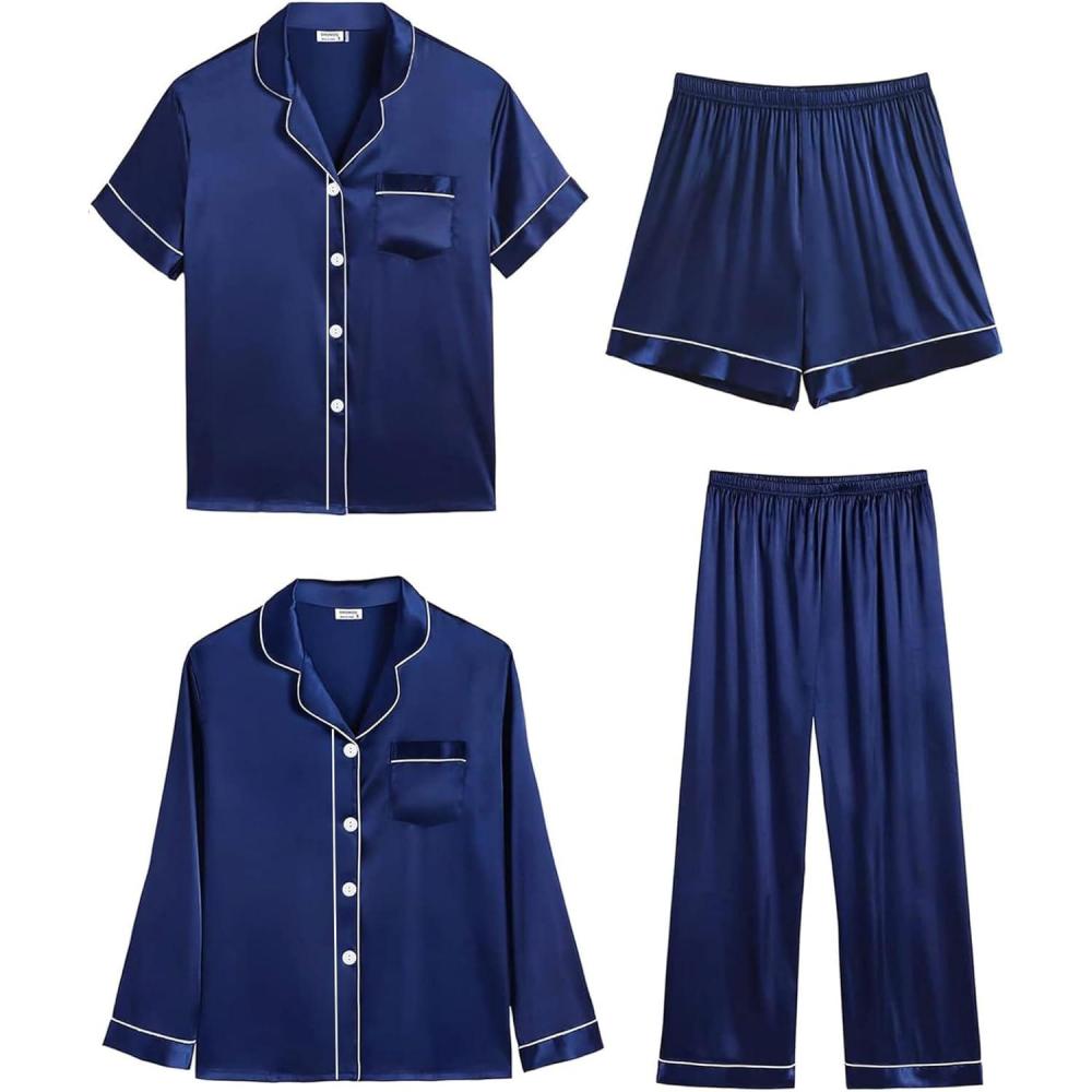 imageSWOMOG Women 4Pcs Silk Pajamas Set Button Down Sleepwear Loungewear Pj Sets for Ladies NightwearZ Double Piping  Navy Blue