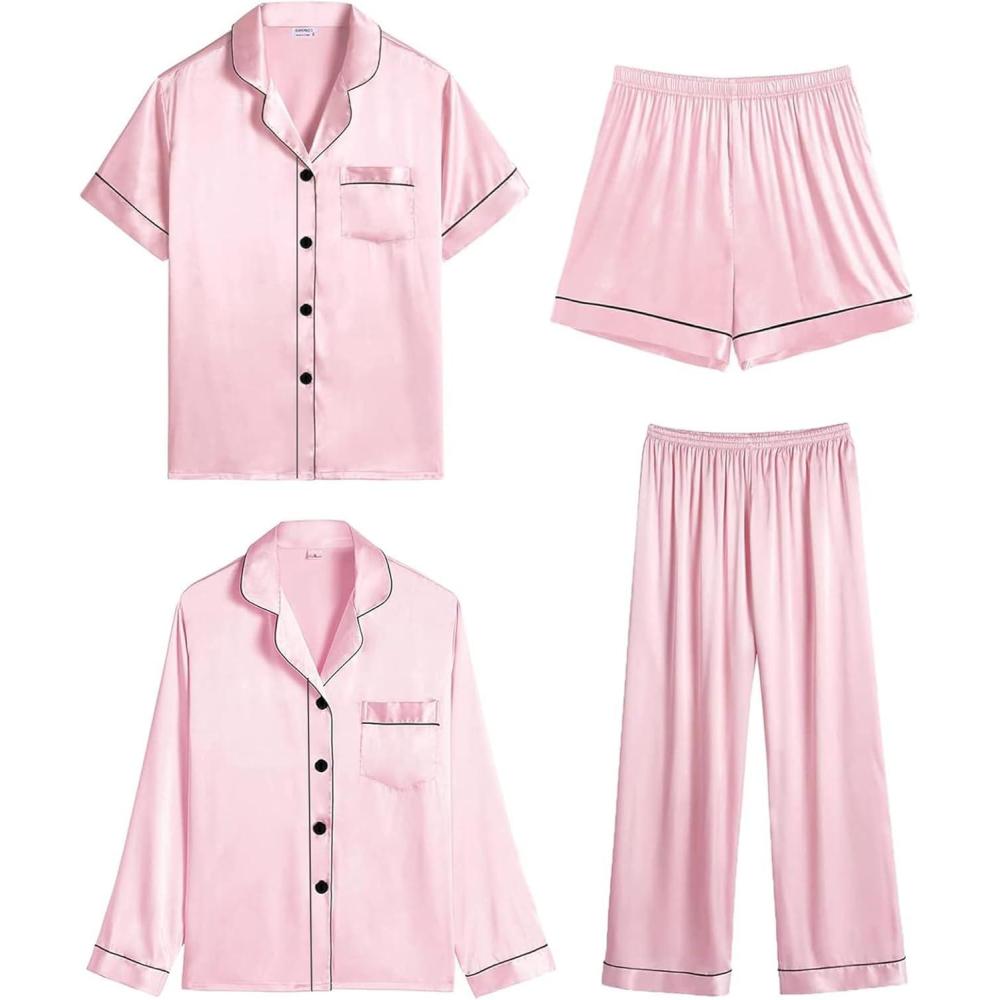 imageSWOMOG Women 4Pcs Silk Pajamas Set Button Down Sleepwear Loungewear Pj Sets for Ladies NightwearZ Double Piping  Pink