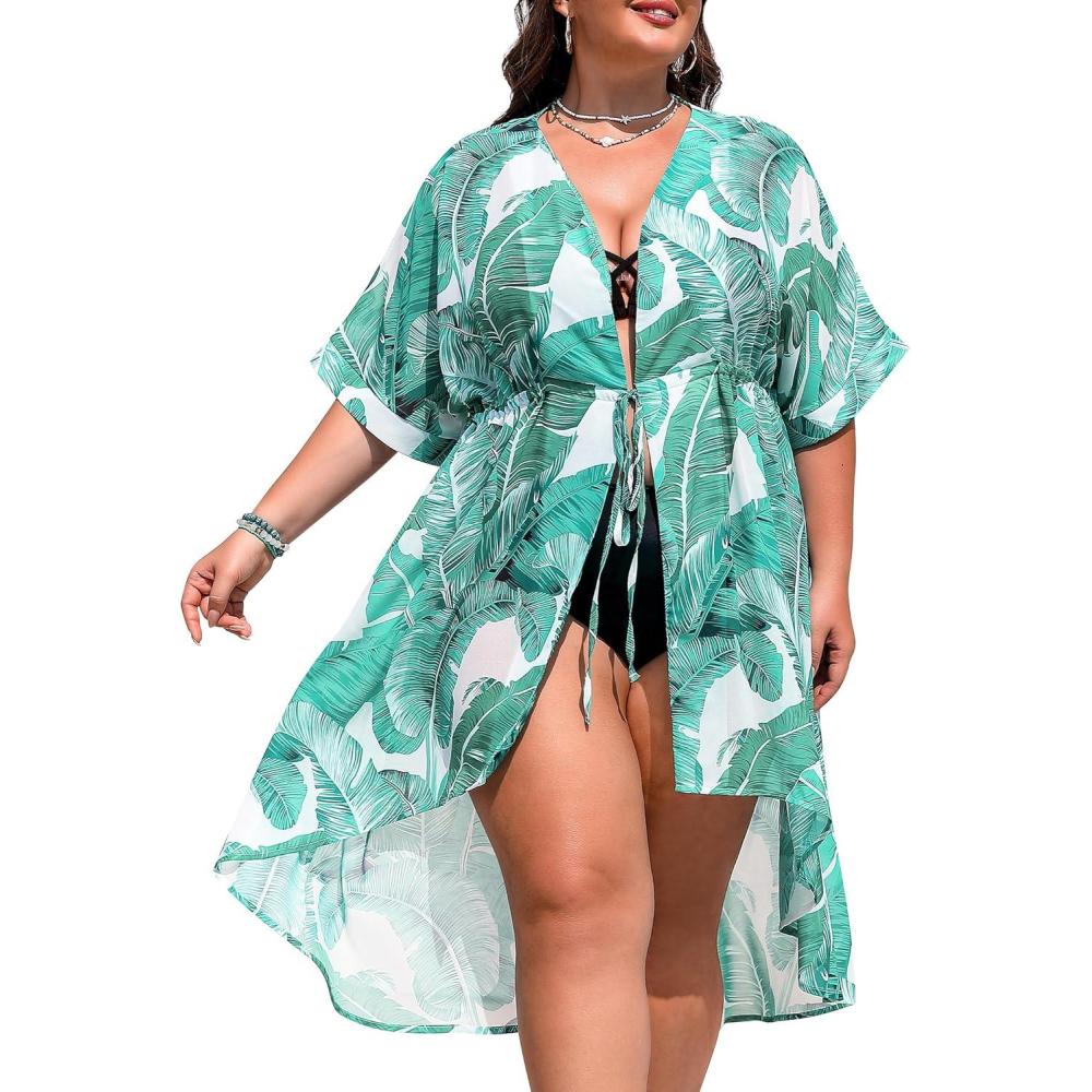 imageSWOMOG Women Cover Ups Plus Size Swimsuit Chiffon Kimono Long Cardigan Open Front Bathing Suit Summer Flowy Bikini BeachwearGreen Leaf