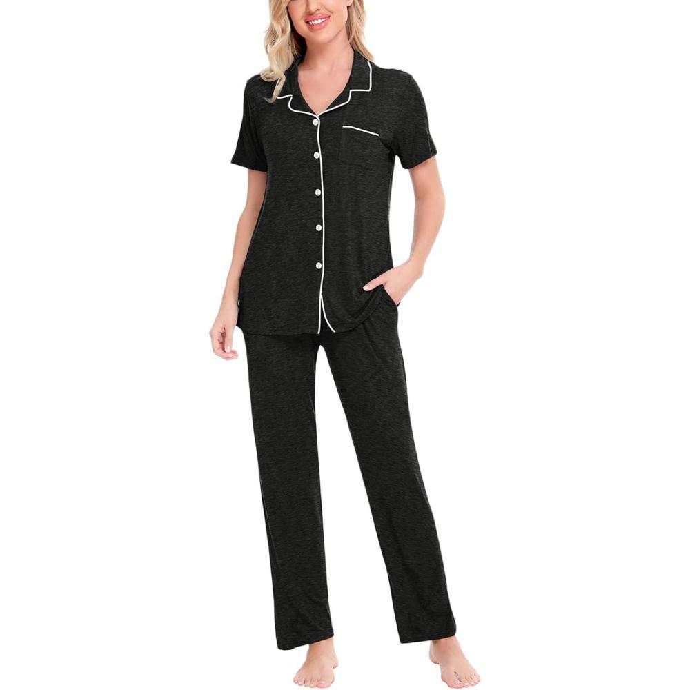 imageSWOMOG Women Pajama Sets TwoPiece Nightwear Short Sleeve Sleepwear Button Down Pj Lounge Sets with Long PantsBlack Gray