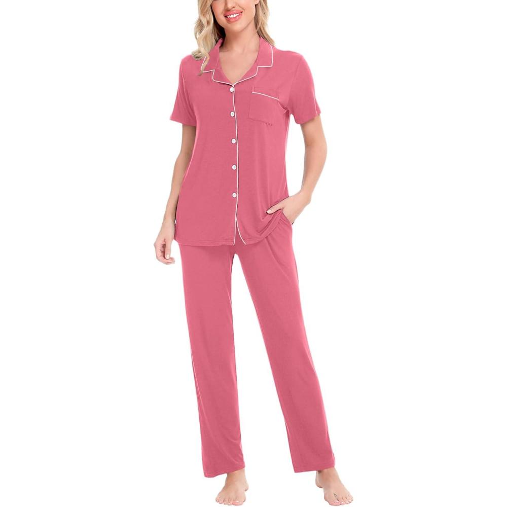 imageSWOMOG Women Pajama Sets TwoPiece Nightwear Short Sleeve Sleepwear Button Down Pj Lounge Sets with Long PantsCoral