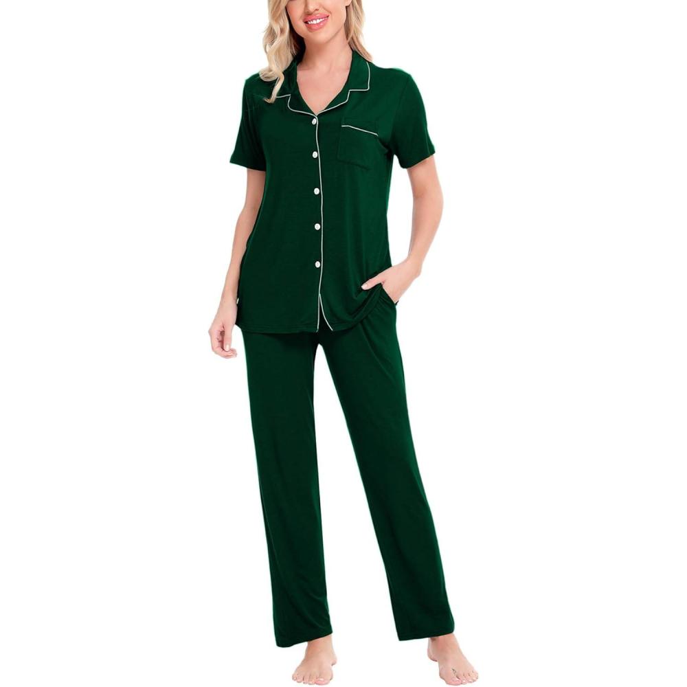 imageSWOMOG Women Pajama Sets TwoPiece Nightwear Short Sleeve Sleepwear Button Down Pj Lounge Sets with Long PantsGreen