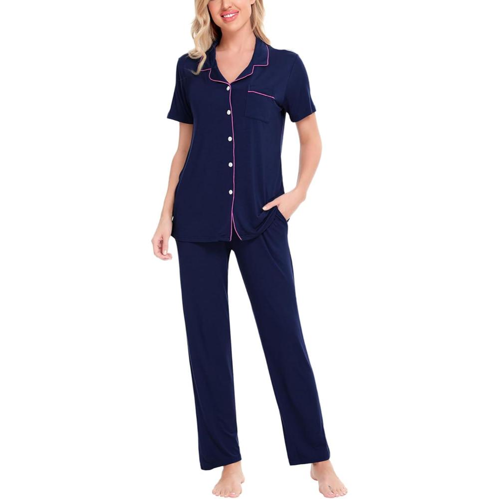imageSWOMOG Women Pajama Sets TwoPiece Nightwear Short Sleeve Sleepwear Button Down Pj Lounge Sets with Long PantsNavy Blue