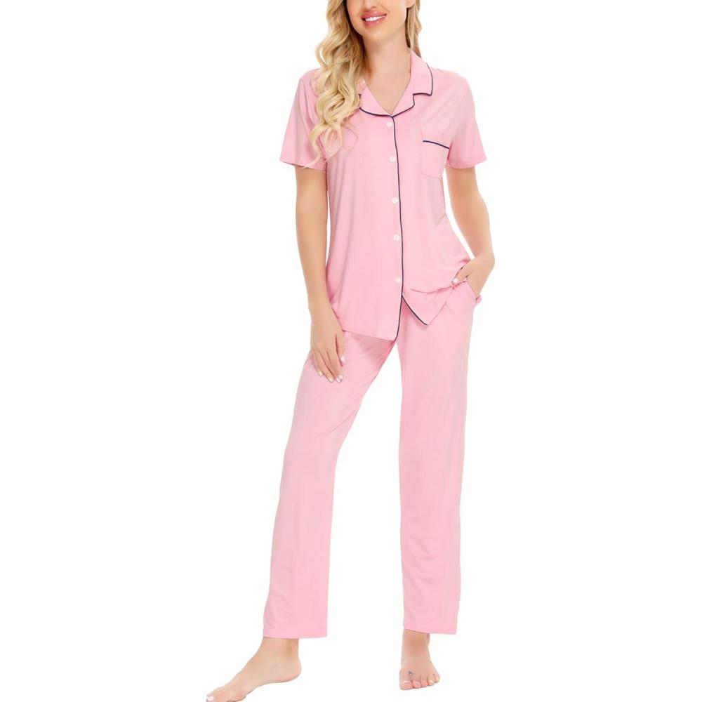 imageSWOMOG Women Pajama Sets TwoPiece Nightwear Short Sleeve Sleepwear Button Down Pj Lounge Sets with Long PantsPink