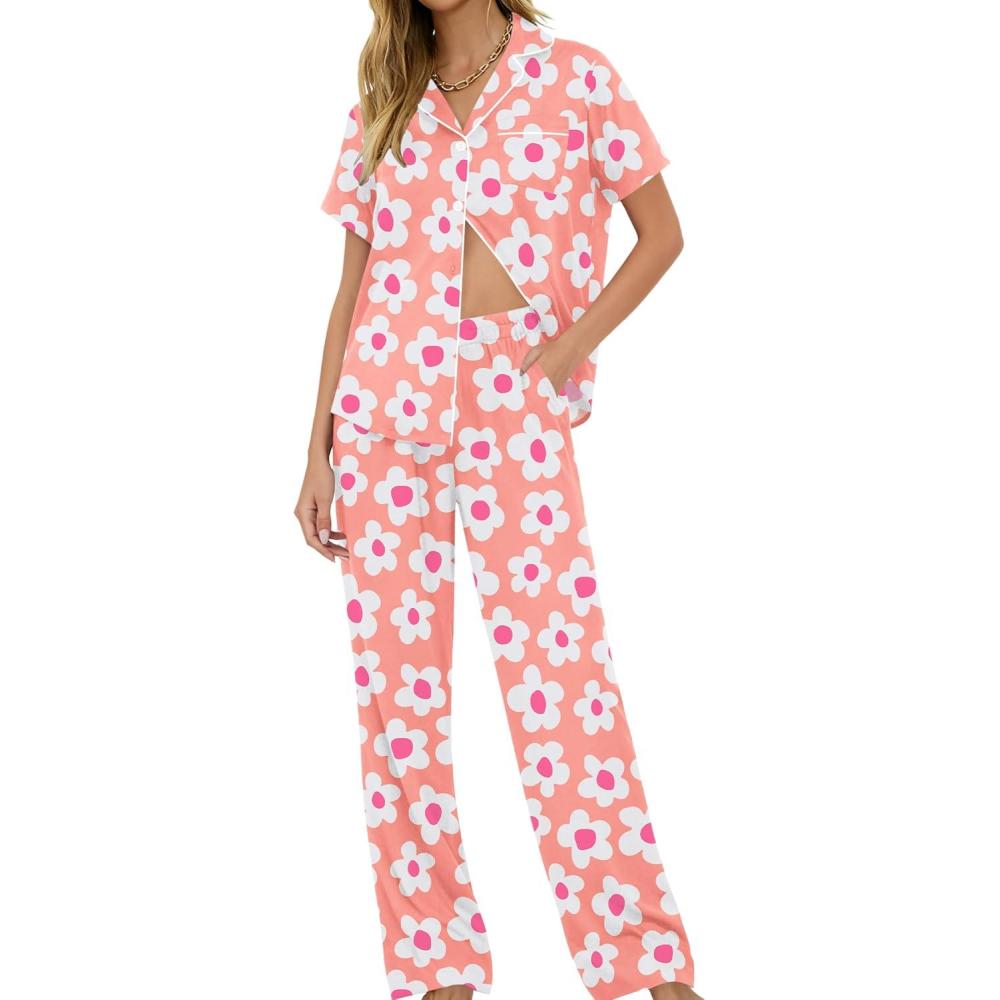 imageSWOMOG Women Pajama Sets TwoPiece Nightwear Short Sleeve Sleepwear Button Down Pj Lounge Sets with Long PantsPink Flower