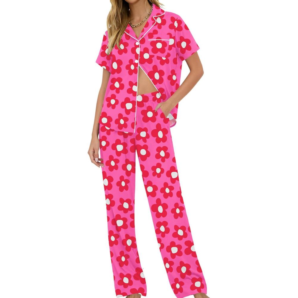 imageSWOMOG Women Pajama Sets TwoPiece Nightwear Short Sleeve Sleepwear Button Down Pj Lounge Sets with Long PantsRose Flower