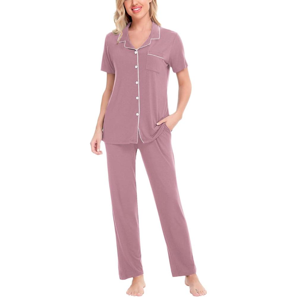 imageSWOMOG Women Pajama Sets TwoPiece Nightwear Short Sleeve Sleepwear Button Down Pj Lounge Sets with Long PantsTaro Purple