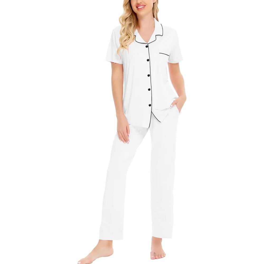 imageSWOMOG Women Pajama Sets TwoPiece Nightwear Short Sleeve Sleepwear Button Down Pj Lounge Sets with Long PantsWhite