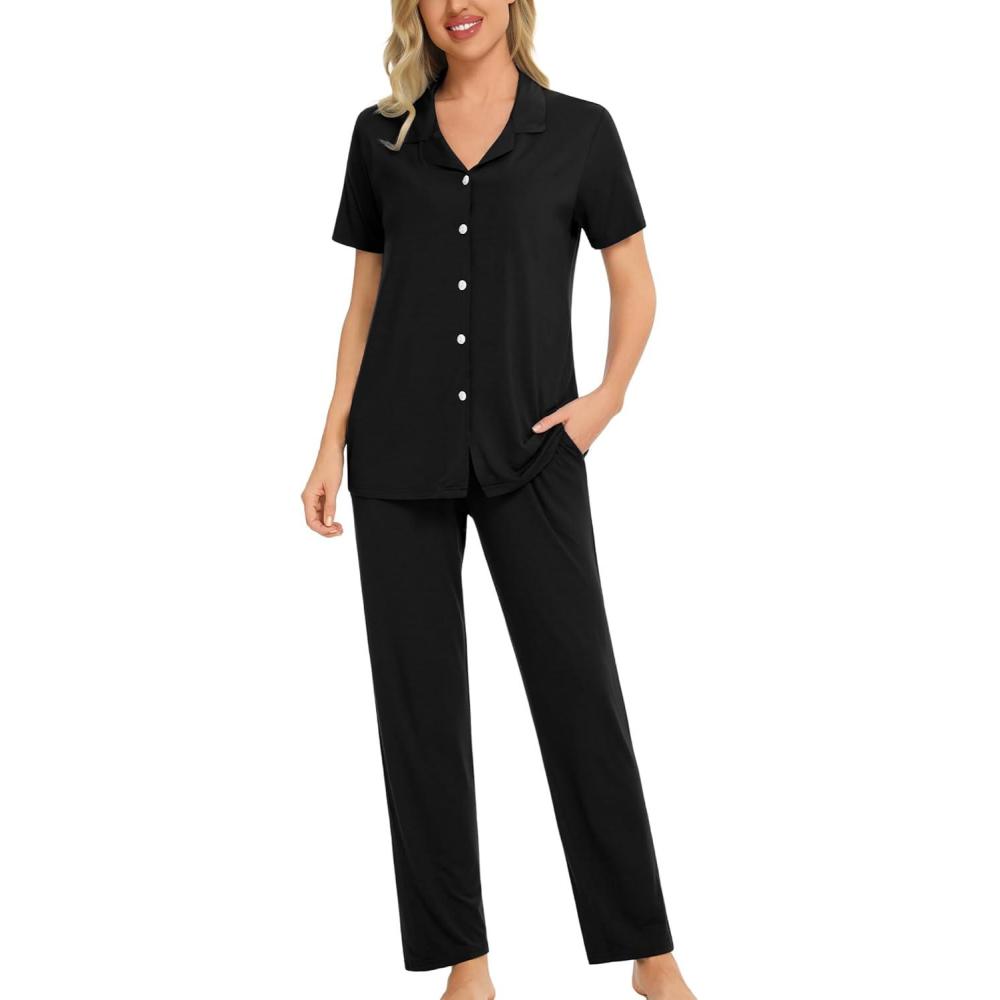 imageSWOMOG Women Pajama Sets TwoPiece Nightwear Short Sleeve Sleepwear Button Down Pj Lounge Sets with Long PantsZsolid Black