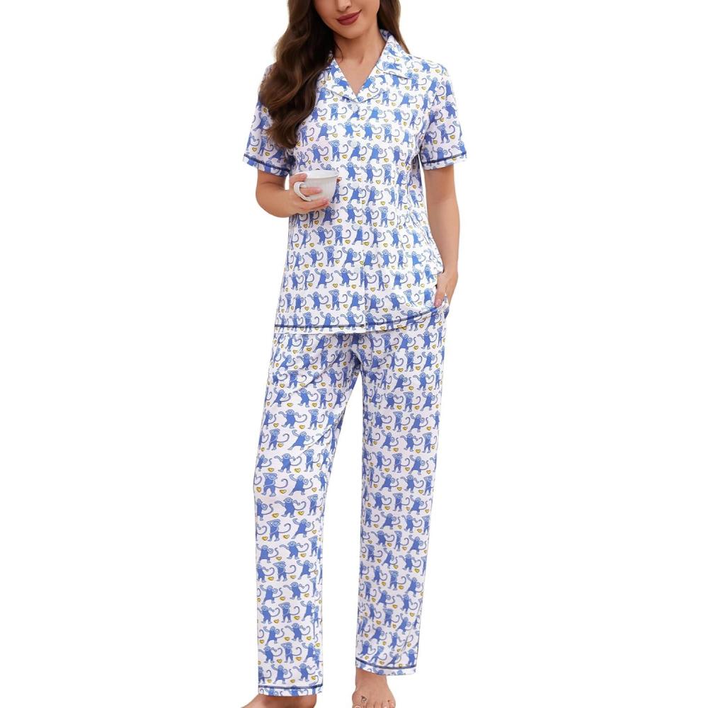 imageSWOMOG Women Pajama Sets TwoPiece Nightwear Short Sleeve Sleepwear Button Down Pj Lounge Sets with Long PantsZsolid Blue Monkey
