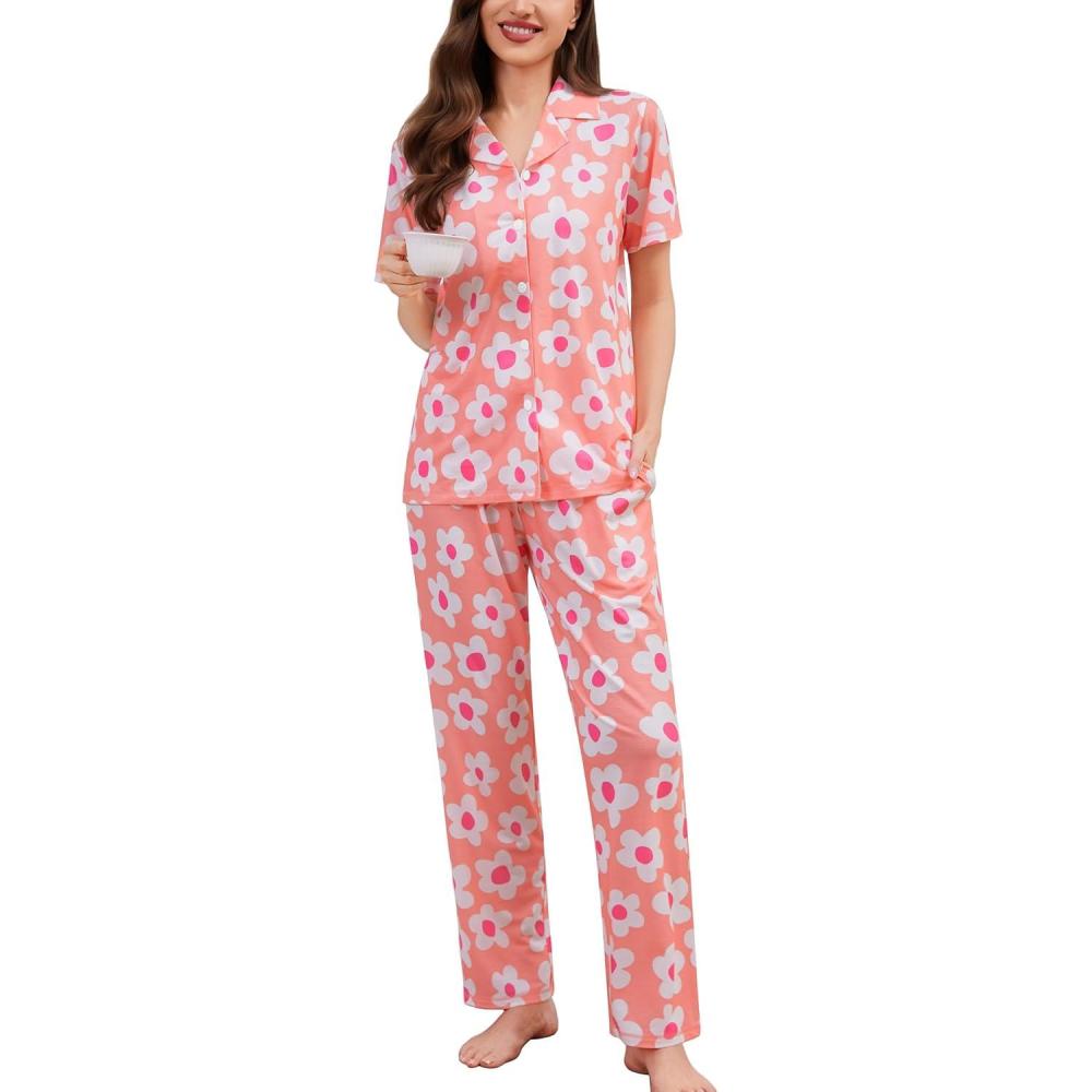 imageSWOMOG Women Pajama Sets TwoPiece Nightwear Short Sleeve Sleepwear Button Down Pj Lounge Sets with Long PantsZsolid Peach Flower