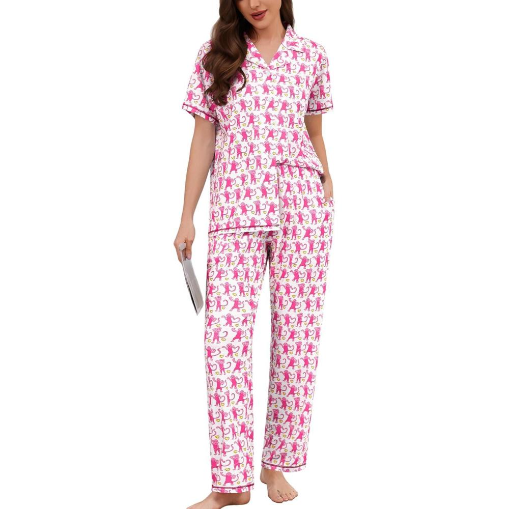 imageSWOMOG Women Pajama Sets TwoPiece Nightwear Short Sleeve Sleepwear Button Down Pj Lounge Sets with Long PantsZsolid Pink Monkey