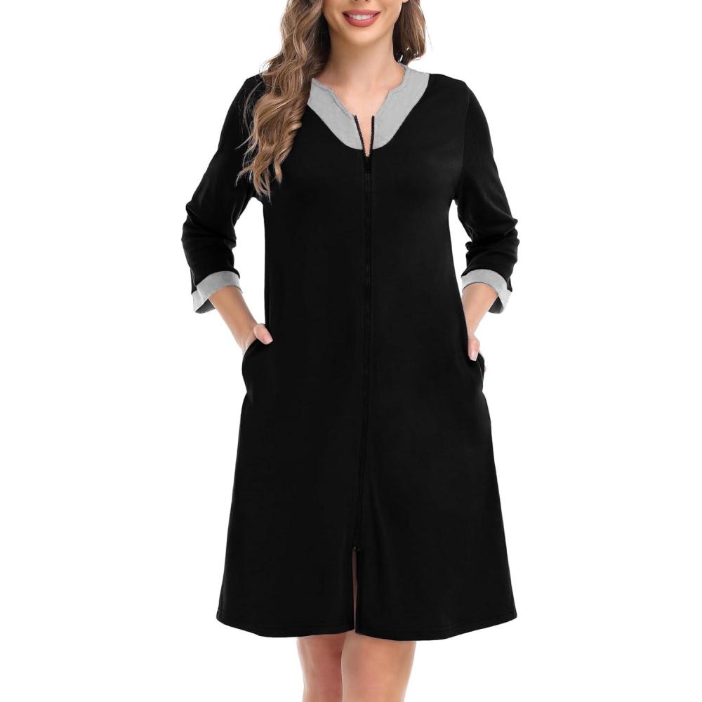 imageSWOMOG Women Zip Up Robe 34 Sleeve Housecoat Soft Cotton Zipper Front Nightgown Loungewear with PocketsModalblack