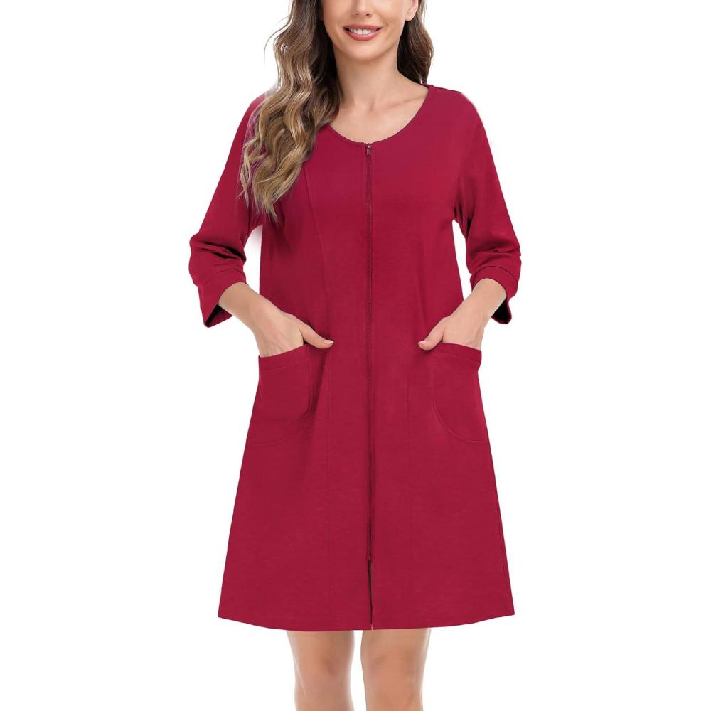 imageSWOMOG Women Zip Up Robe 34 Sleeve Housecoat Soft Cotton Zipper Front Nightgown Loungewear with PocketsWine Red