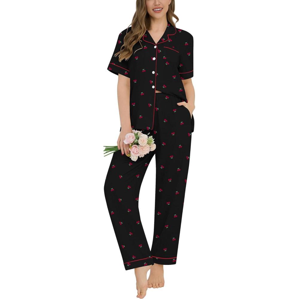 imageSWOMOG Womens 2 Piece Pajama Sets Shorts Sleeve Pajamas Cute Pj Set Lounge Matching Pjs Button Shirt with Long PantsCherry Black