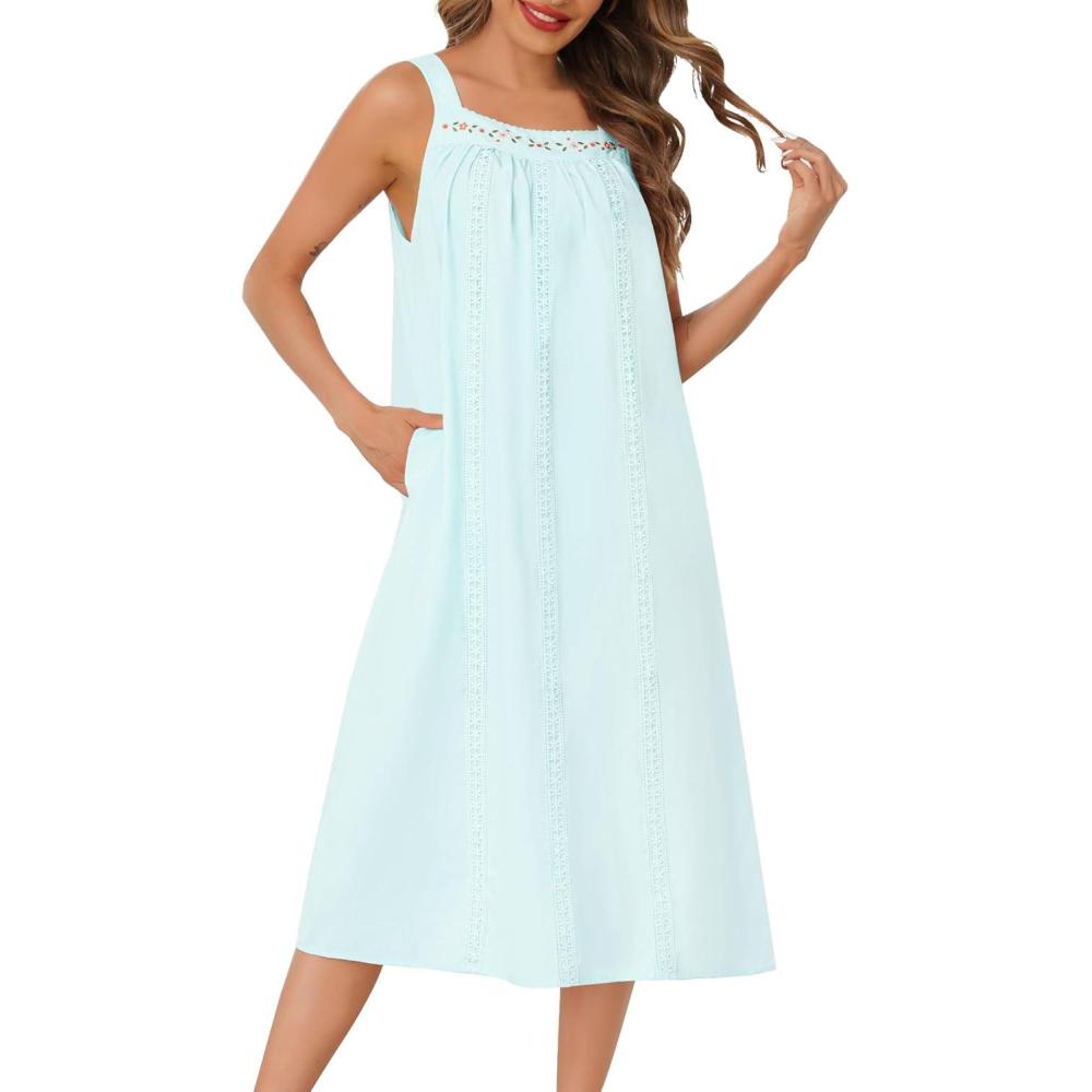 imageSWOMOG Womens Cotton Nightgowns Sleeveless Night Gown Embroidery House Dress Soft Long Nightdress with PocketsGreen