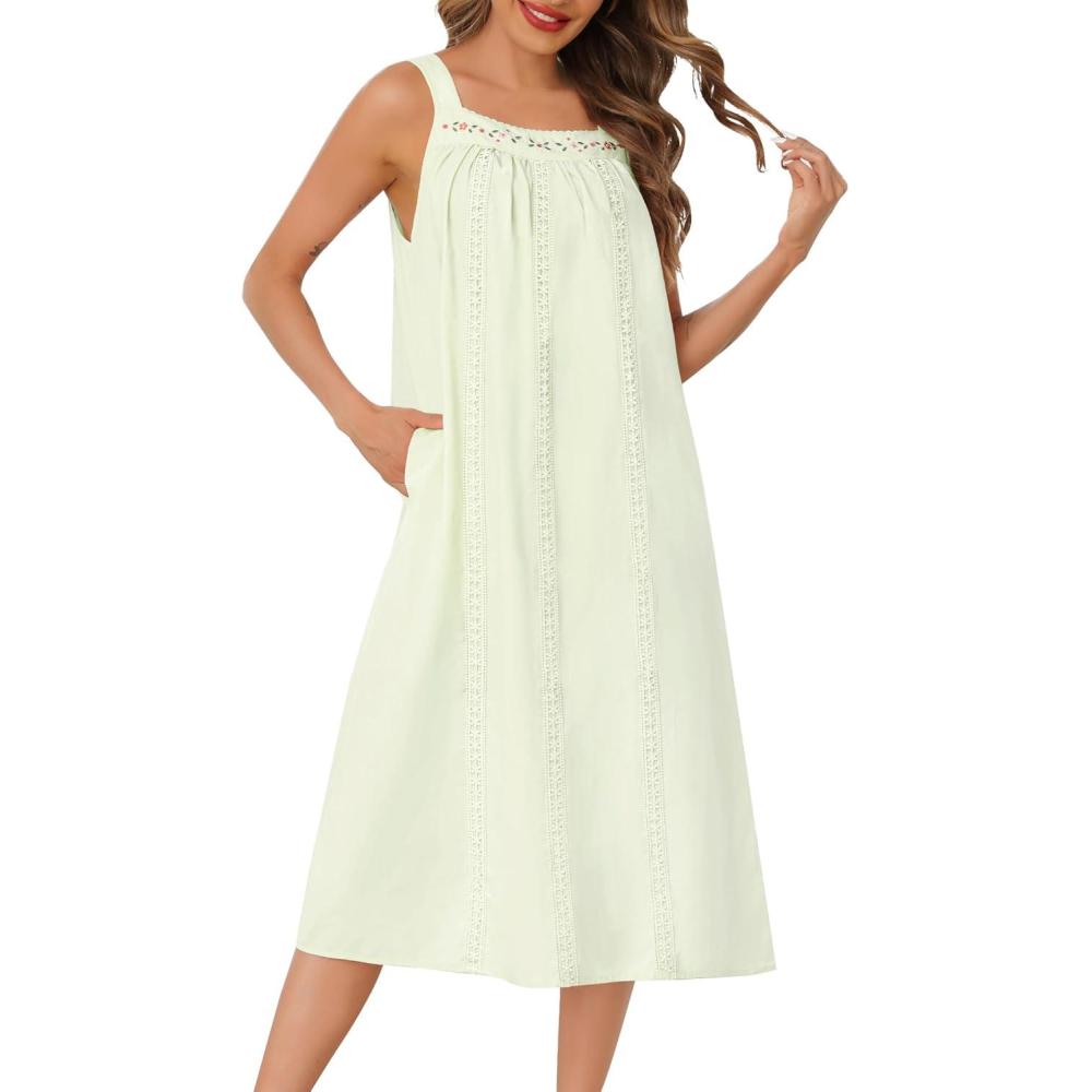 imageSWOMOG Womens Cotton Nightgowns Sleeveless Night Gown Embroidery House Dress Soft Long Nightdress with PocketsLight Green