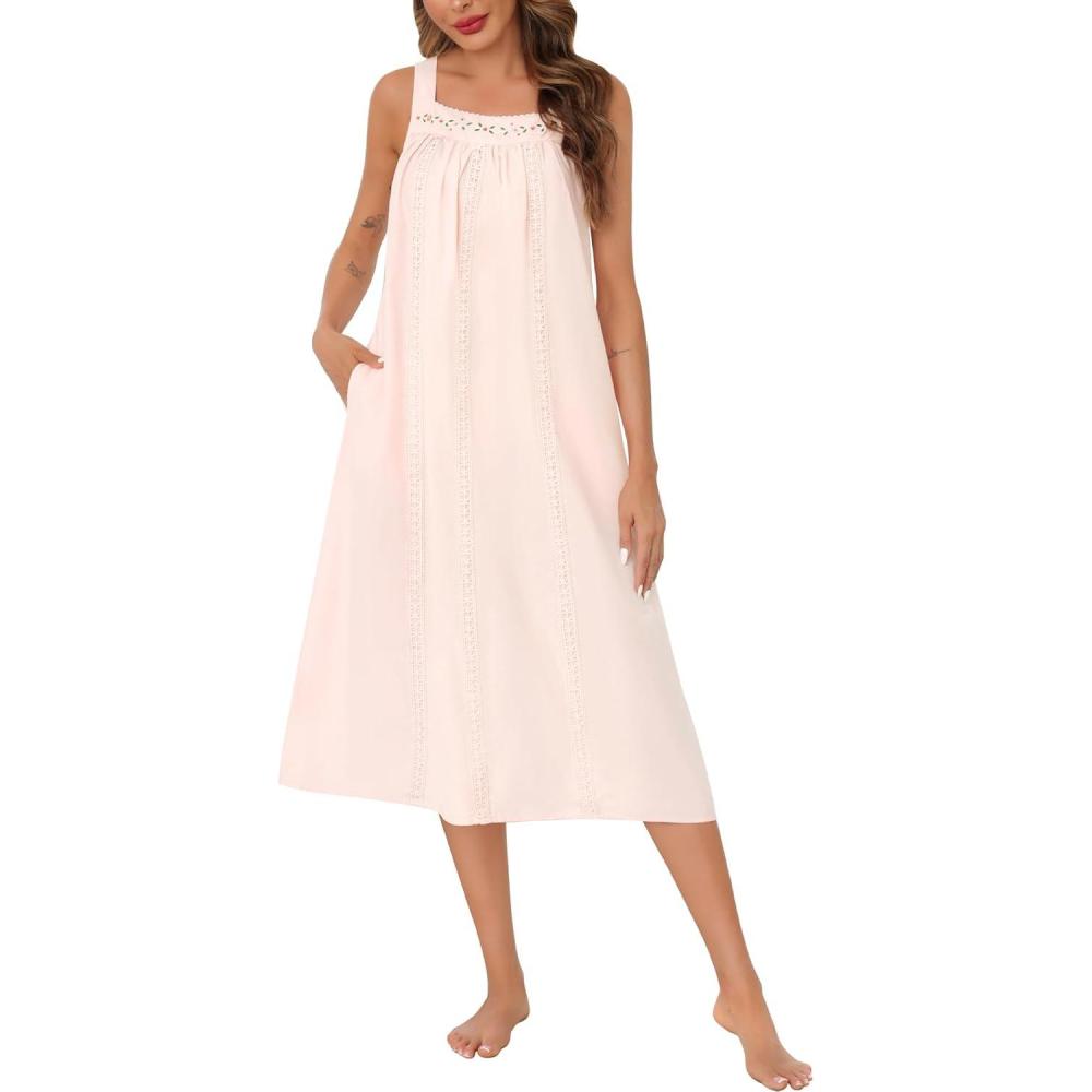 imageSWOMOG Womens Cotton Nightgowns Sleeveless Night Gown Embroidery House Dress Soft Long Nightdress with PocketsLight Pink