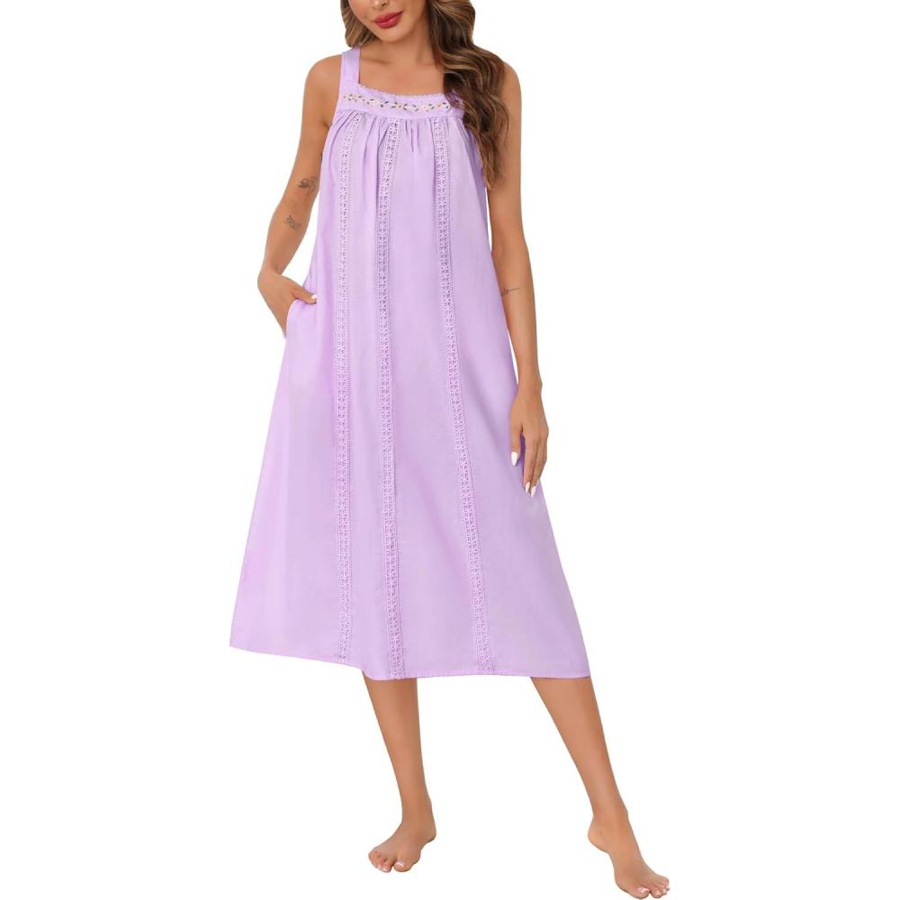 imageSWOMOG Womens Cotton Nightgowns Sleeveless Night Gown Embroidery House Dress Soft Long Nightdress with PocketsPurple