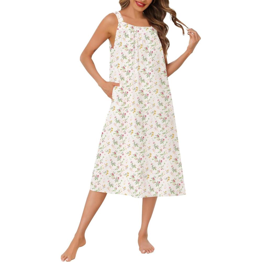 imageSWOMOG Womens Cotton Nightgowns Sleeveless Night Gown Embroidery House Dress Soft Long Nightdress with PocketsWhite Floral