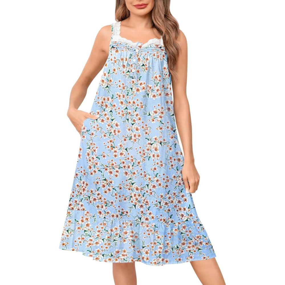 imageSWOMOG Womens Cotton Nightgowns Sleeveless Night Gown Victorian Lace Trim Sleepwear Soft Long Nightdress with PocketsBlue Yellow Flower
