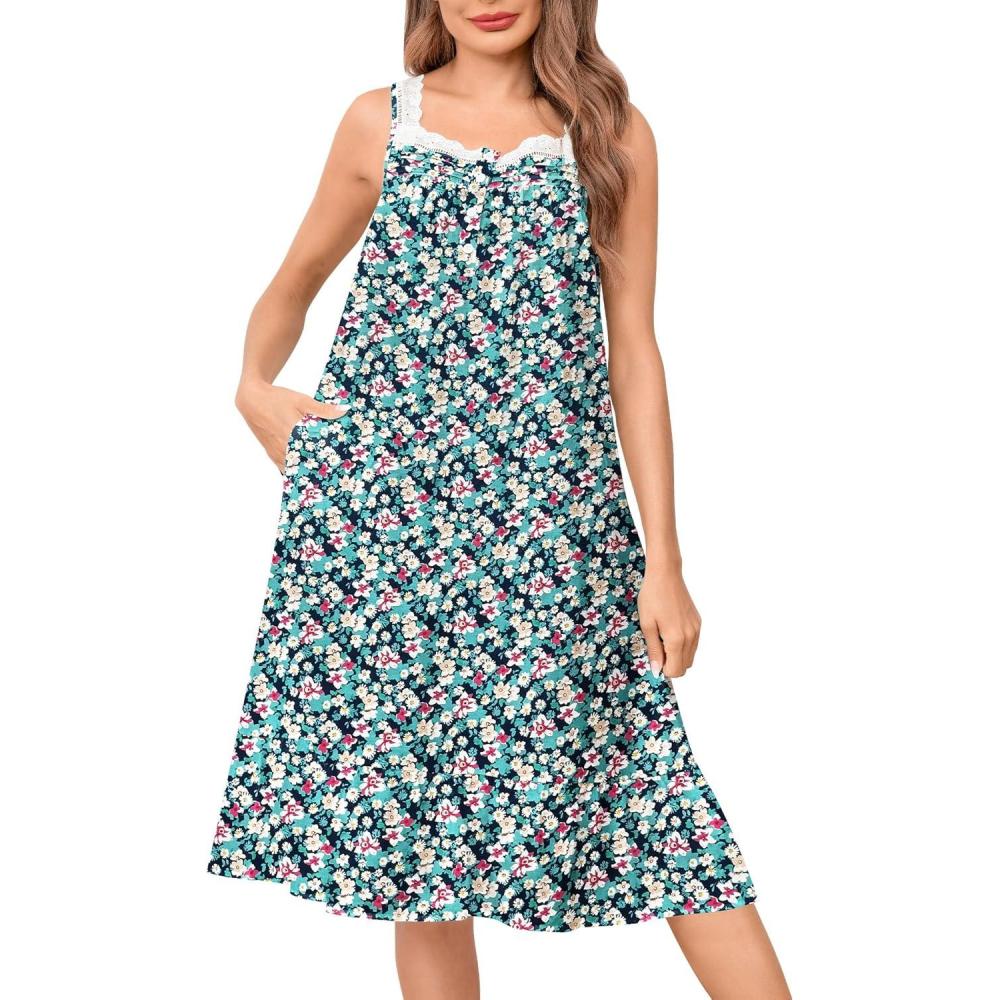 imageSWOMOG Womens Cotton Nightgowns Sleeveless Night Gown Victorian Lace Trim Sleepwear Soft Long Nightdress with PocketsNany Blue Floral