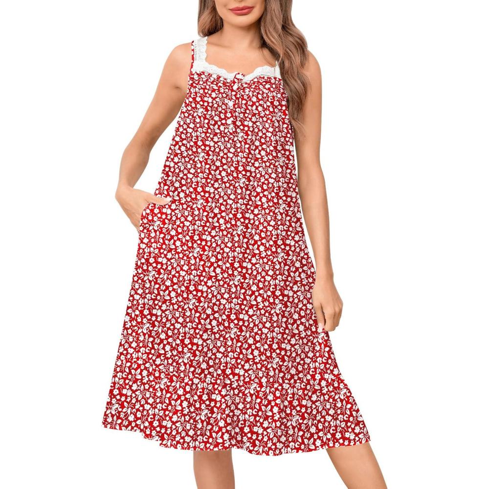 imageSWOMOG Womens Cotton Nightgowns Sleeveless Night Gown Victorian Lace Trim Sleepwear Soft Long Nightdress with PocketsRose Red Floral