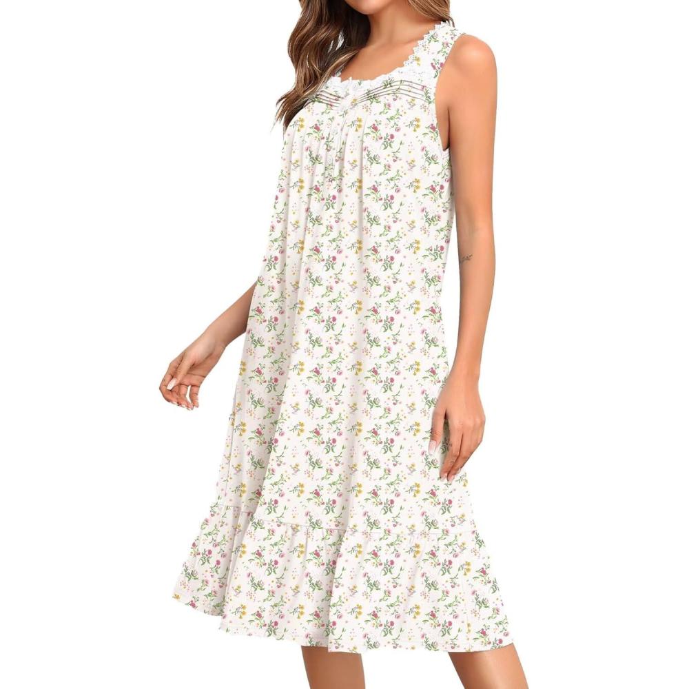imageSWOMOG Womens Nightgowns Sleeveless Night Gown Victorian Nightdress House Dress with Pockets Ruffle Button Sleepshirt SXXXLA White Flower