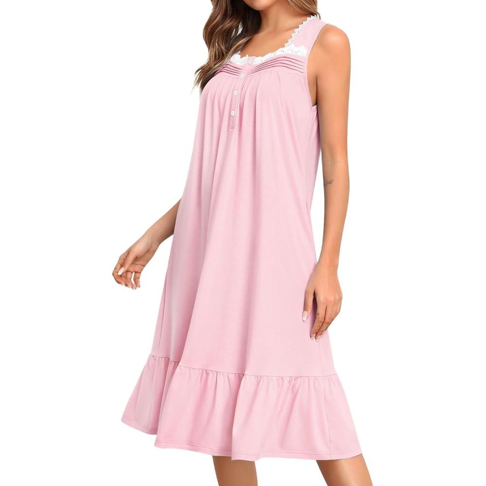 imageSWOMOG Womens Nightgowns Sleeveless Night Gown Victorian Nightdress House Dress with Pockets Ruffle Button Sleepshirt SXXXLPink