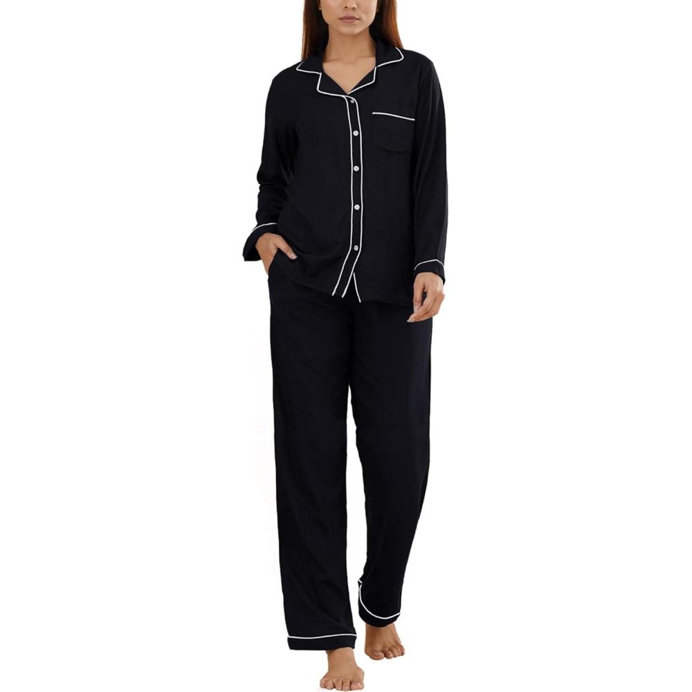 imageSWOMOG Womens Pajama Sets Long Sleeve Button Down Sleepwear Soft Pjs Lounge Sets with Pockets Navy Blue Wide PipingBlack