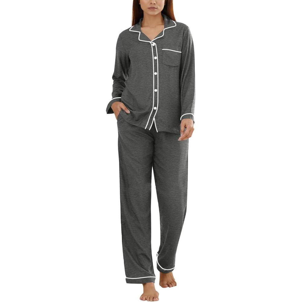 imageSWOMOG Womens Pajama Sets Long Sleeve Button Down Sleepwear Soft Pjs Lounge Sets with Pockets Navy Blue Wide PipingDeep Grey