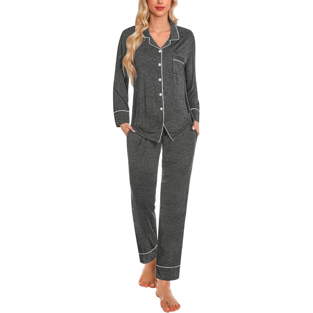 imageSWOMOG Womens Pajama Sets Long Sleeve Button Down Sleepwear Soft Pjs Lounge Sets with Pockets Navy Blue Wide PipingDeep Greywide Piping