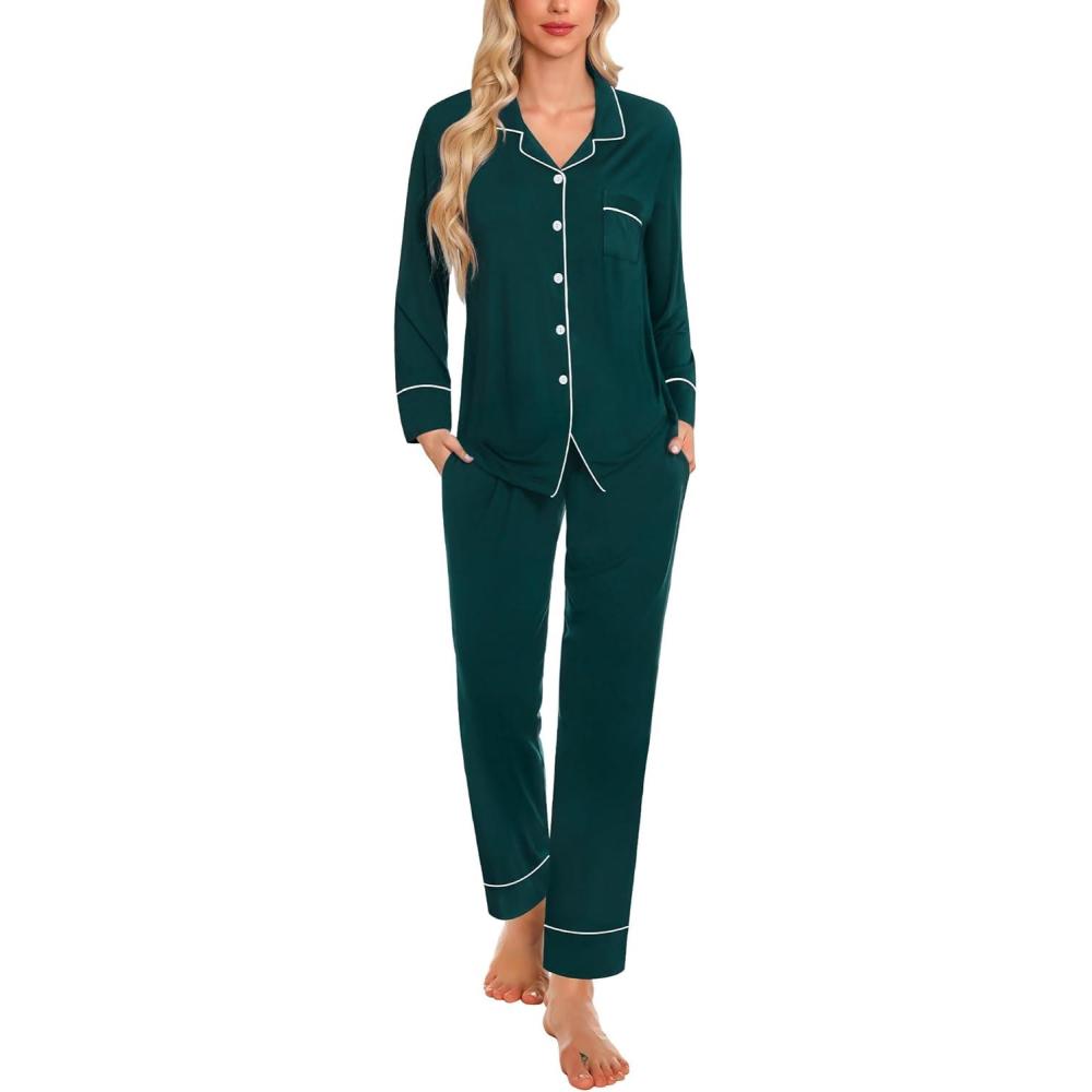 imageSWOMOG Womens Pajama Sets Long Sleeve Button Down Sleepwear Soft Pjs Lounge Sets with Pockets Navy Blue Wide PipingEmerald Green