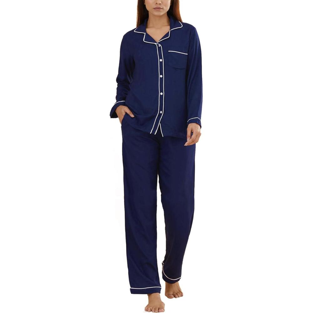 imageSWOMOG Womens Pajama Sets Long Sleeve Button Down Sleepwear Soft Pjs Lounge Sets with Pockets Navy Blue Wide PipingNavy Blue