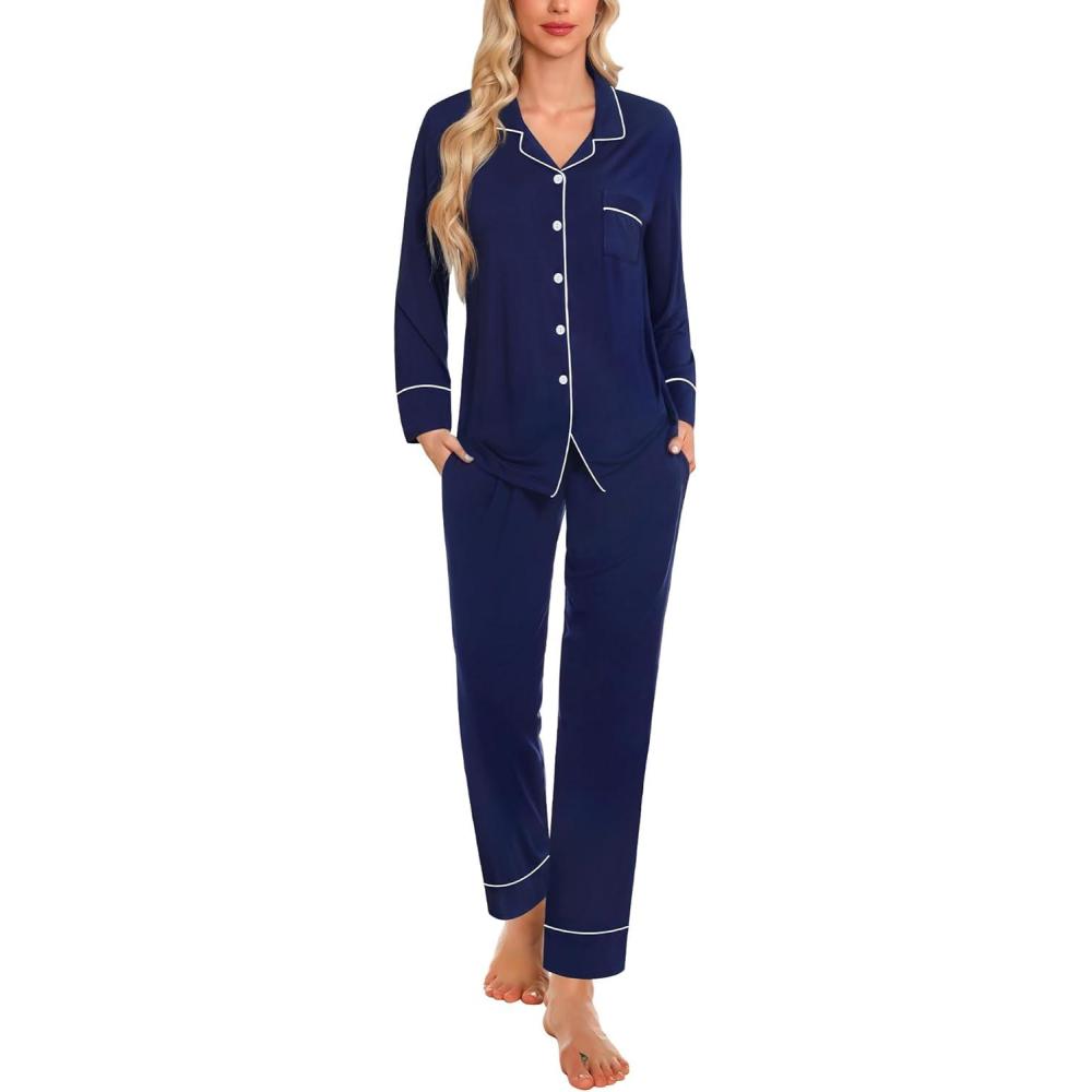 imageSWOMOG Womens Pajama Sets Long Sleeve Button Down Sleepwear Soft Pjs Lounge Sets with Pockets Navy Blue Wide PipingNavy Bluewide Piping