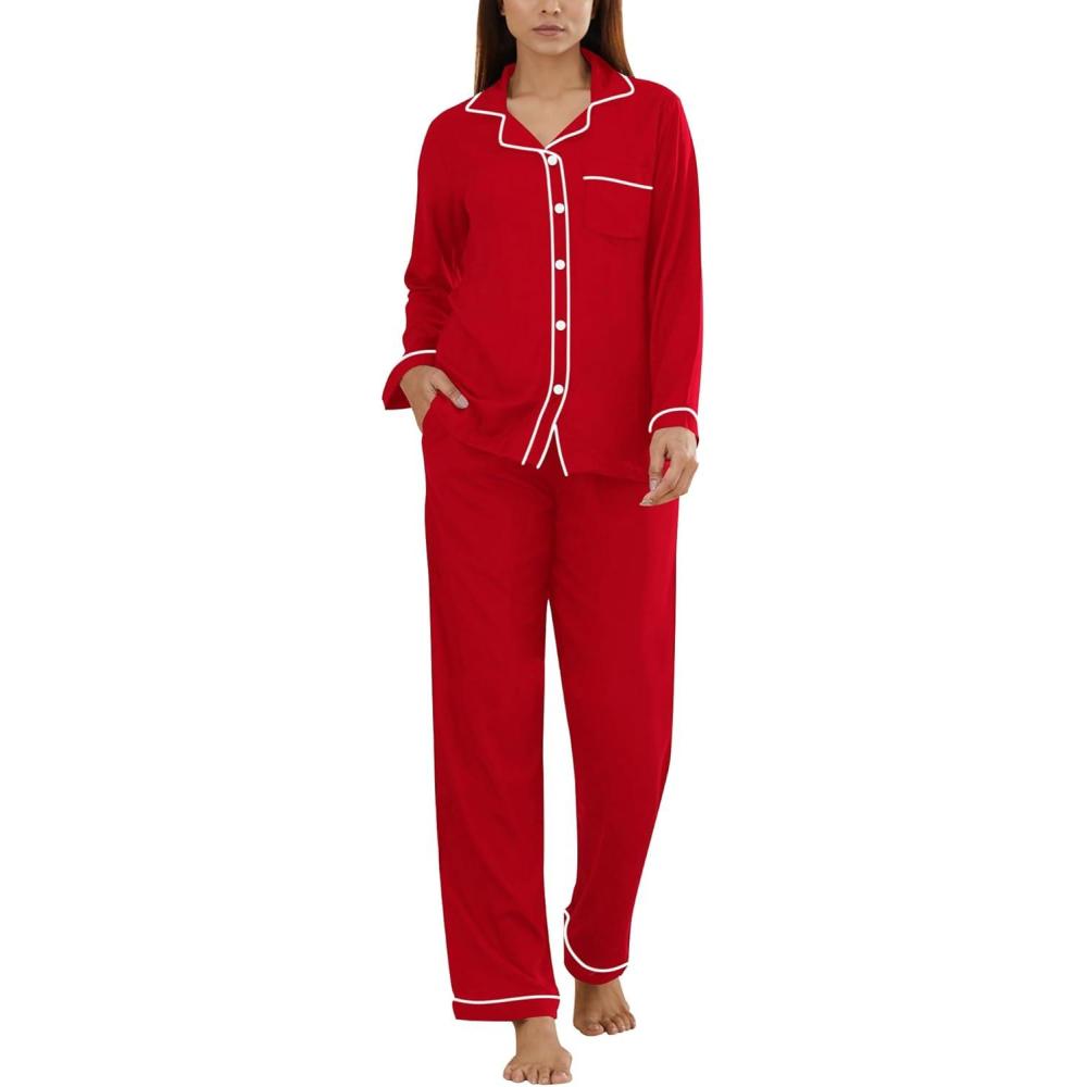 imageSWOMOG Womens Pajama Sets Long Sleeve Button Down Sleepwear Soft Pjs Lounge Sets with Pockets Navy Blue Wide PipingRed