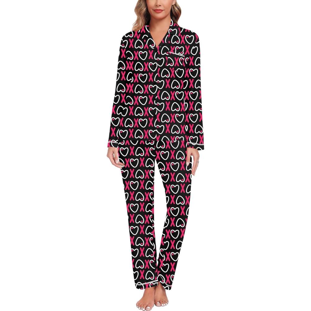 imageSWOMOG Womens Pajama Sets Long Sleeve Button Down Sleepwear Soft Pjs Lounge Sets with Pockets Navy Blue Wide PipingStyleablack Heart