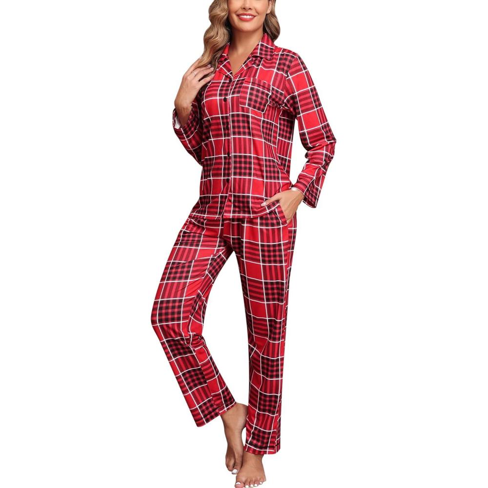 imageSWOMOG Womens Pajama Sets Long Sleeve Button Down Sleepwear Soft Pjs Lounge Sets with Pockets Navy Blue Wide PipingStyleablack Red Black Plaid