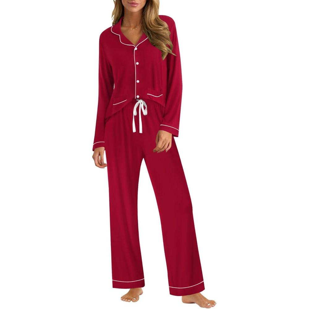 imageSWOMOG Womens Pajama Sets Long Sleeve Button Down Sleepwear Soft Pjs Lounge Sets with Pockets Navy Blue Wide PipingWine Redtwo Pockets