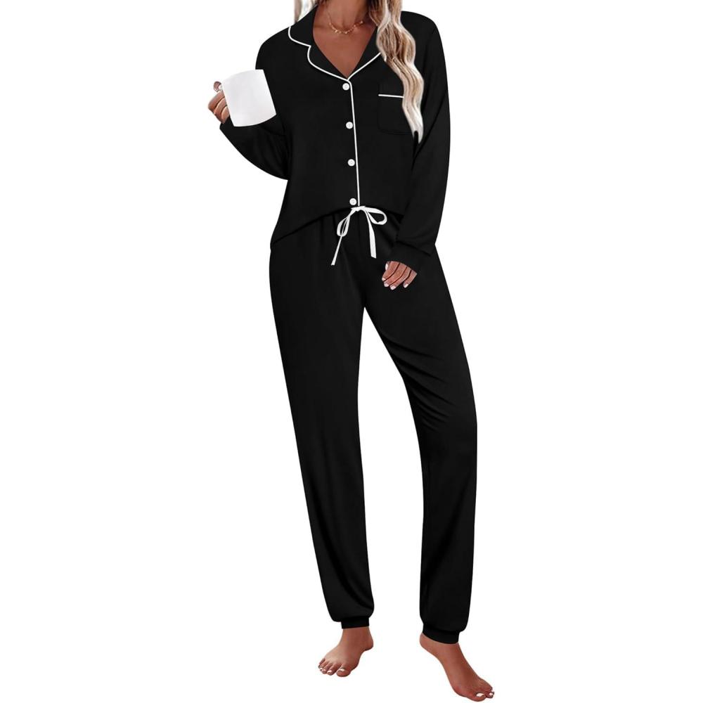 imageSWOMOG Womens Pajamas Set Long Sleeve Sleepwear Button Down Nightwear Soft Joggers PJs Sets with Pockets Lounge SetsBlack