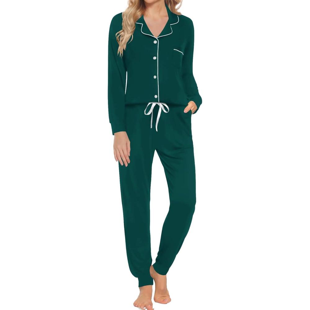 imageSWOMOG Womens Pajamas Set Long Sleeve Sleepwear Button Down Nightwear Soft Joggers PJs Sets with Pockets Lounge SetsDark Green