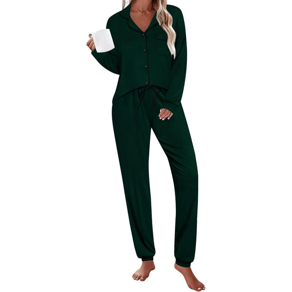 imageSWOMOG Womens Pajamas Set Long Sleeve Sleepwear Button Down Nightwear Soft Joggers PJs Sets with Pockets Lounge SetsGreen